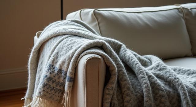 Richly textured, hand-woven wool blanket draped over a sofa, displaying intricate patterns.